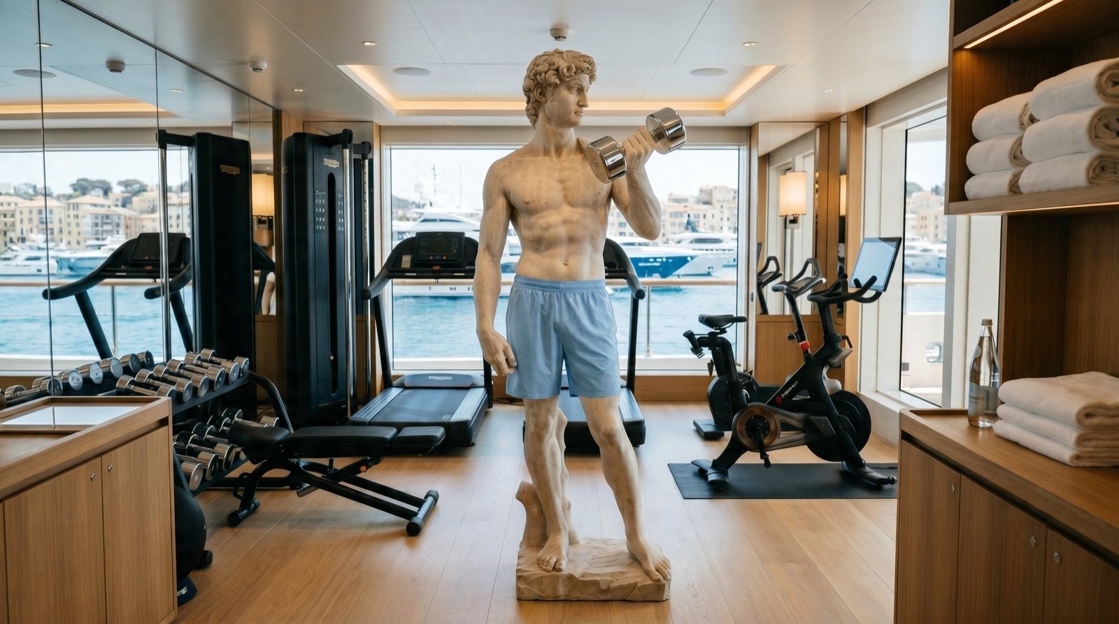 Superyacht wellness gym with a marble David statue lifting dumbbells, harbour view beyond
